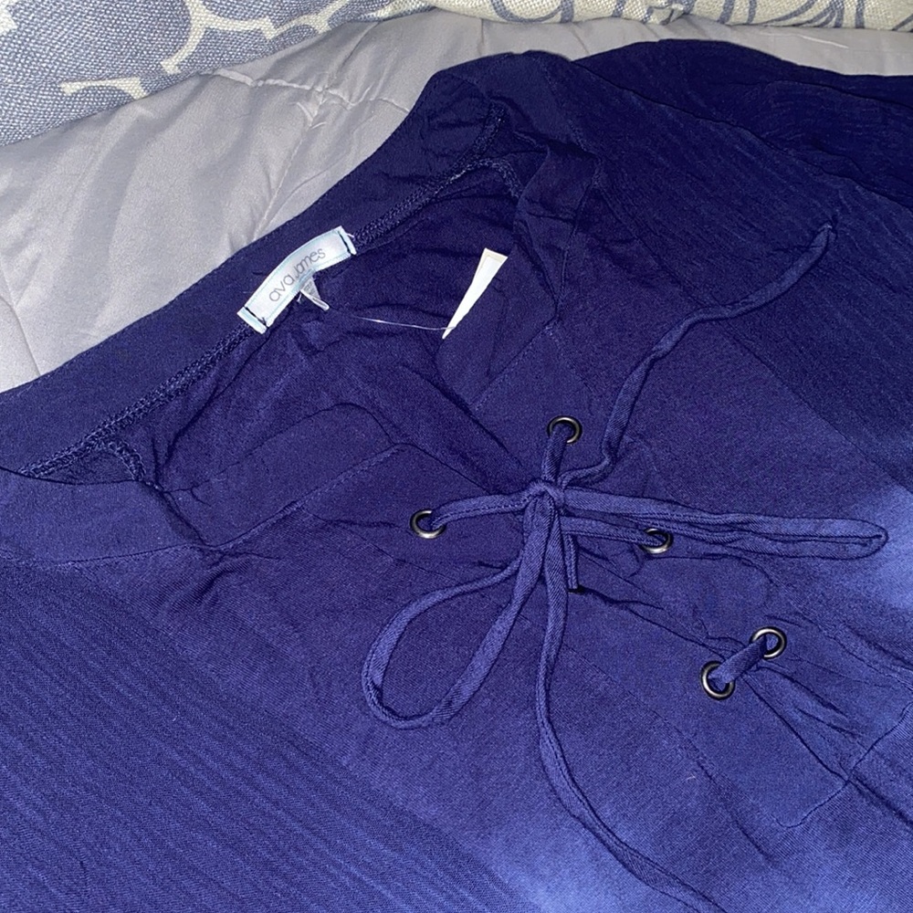 Ava James bell sleeve hi lo tunic Lace up neckline Tie dyed navy and white large - Picture 13 of 15